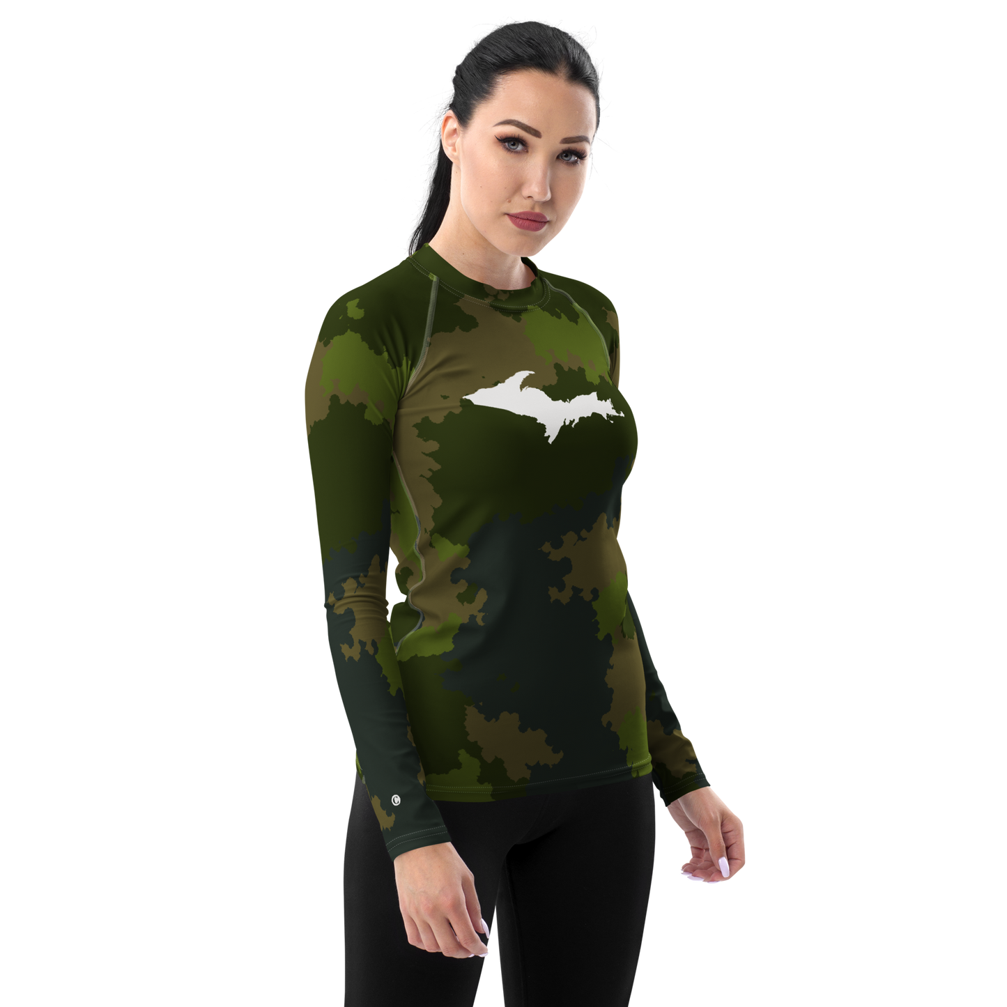 Michigan Upper Peninsula Rash Guard (w/ UP Outline) | Women's - Woodland Camo