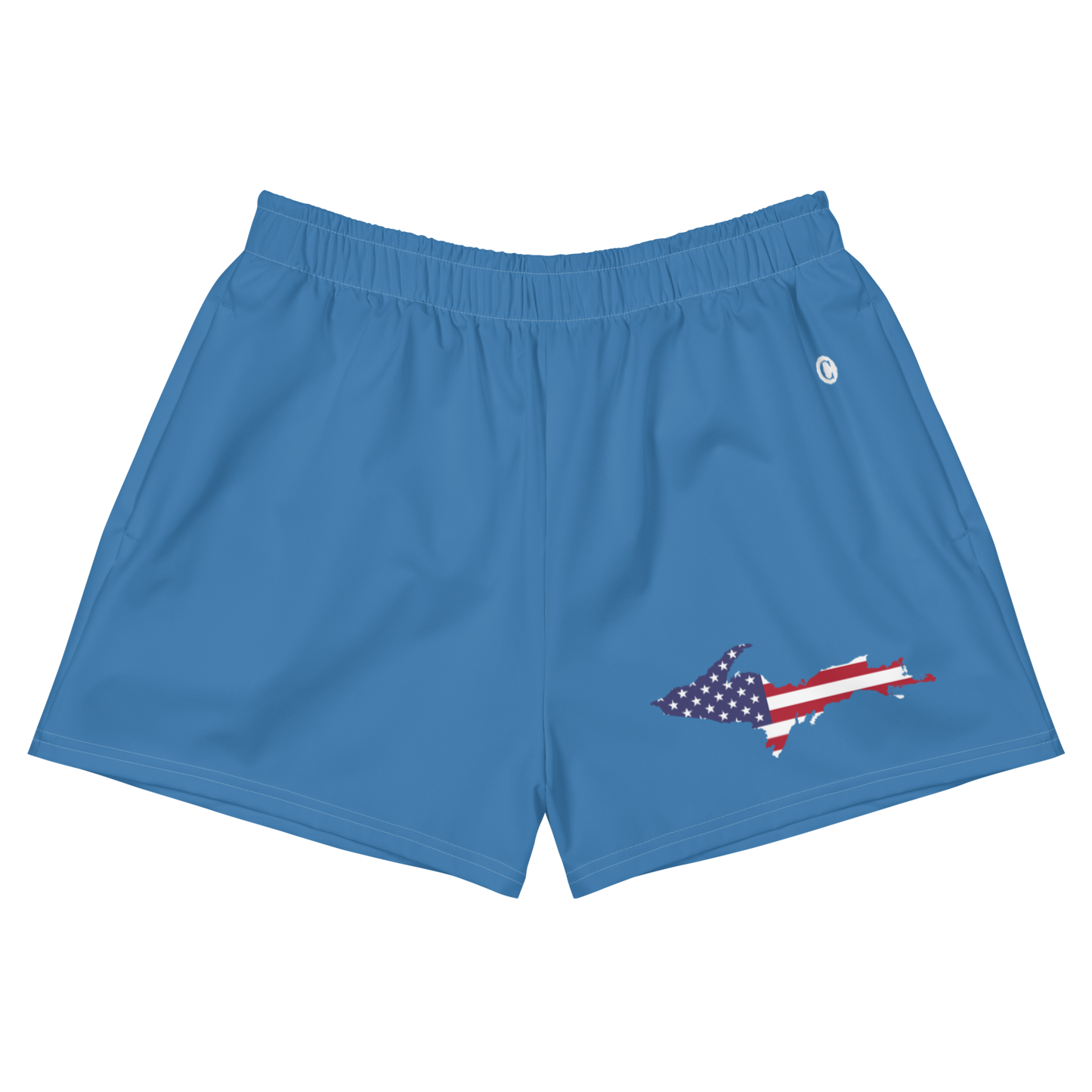 Michigan Upper Peninsula Athletic Shorts (w/ UP USA Flag Outline) | Women's - Lake Superior Blue