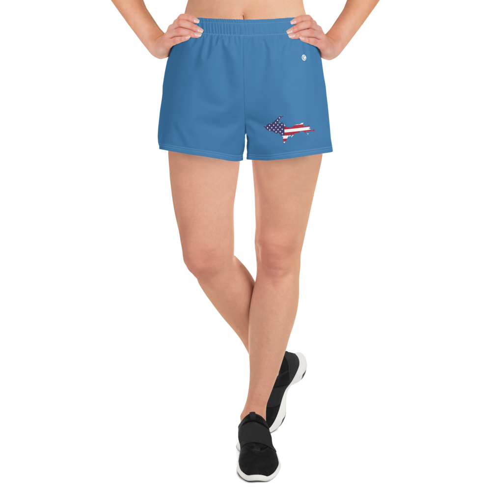 Michigan Upper Peninsula Athletic Shorts (w/ UP USA Flag Outline) | Women's - Lake Superior Blue