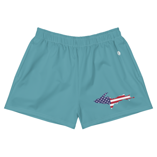 Michigan Upper Peninsula Athletic Shorts (w/ UP USA Flag Outline) | Women's - Lake Huron Blue