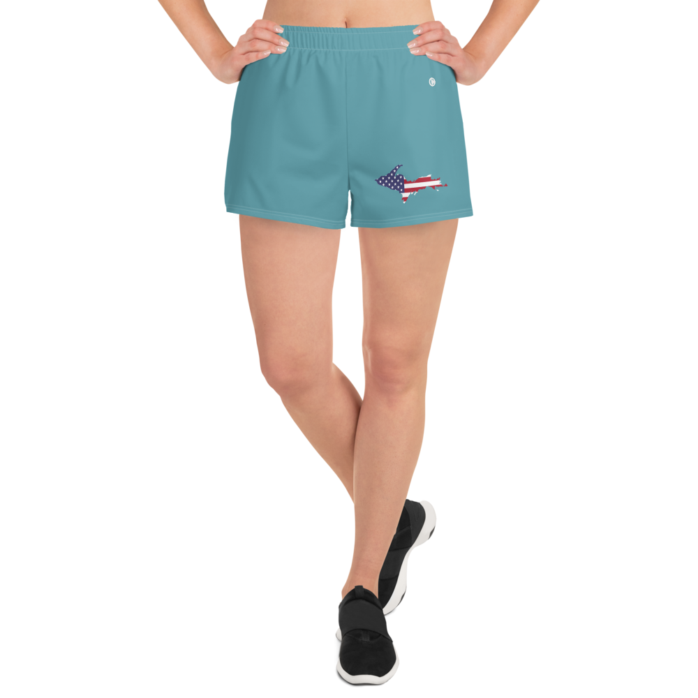 Michigan Upper Peninsula Athletic Shorts (w/ UP USA Flag Outline) | Women's - Lake Huron Blue