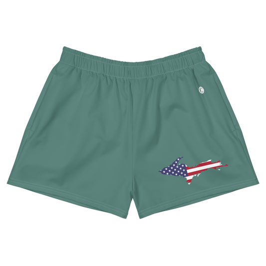 Michigan Upper Peninsula Athletic Shorts (w/ UP USA Flag Outline) | Women's - Copper Green