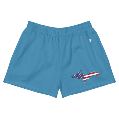 Michigan Upper Peninsula Athletic Shorts (w/ UP USA Flag Outline) | Women's - Lake Michigan Blue