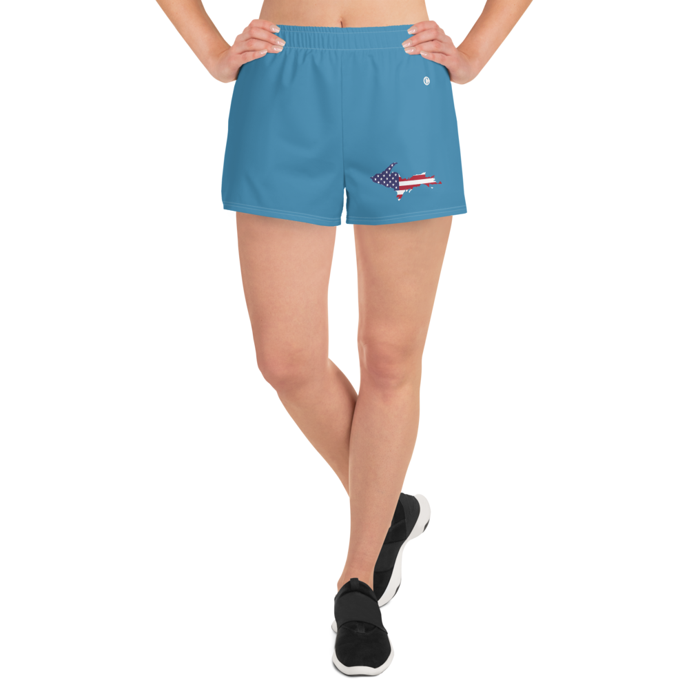 Michigan Upper Peninsula Athletic Shorts (w/ UP USA Flag Outline) | Women's - Lake Michigan Blue