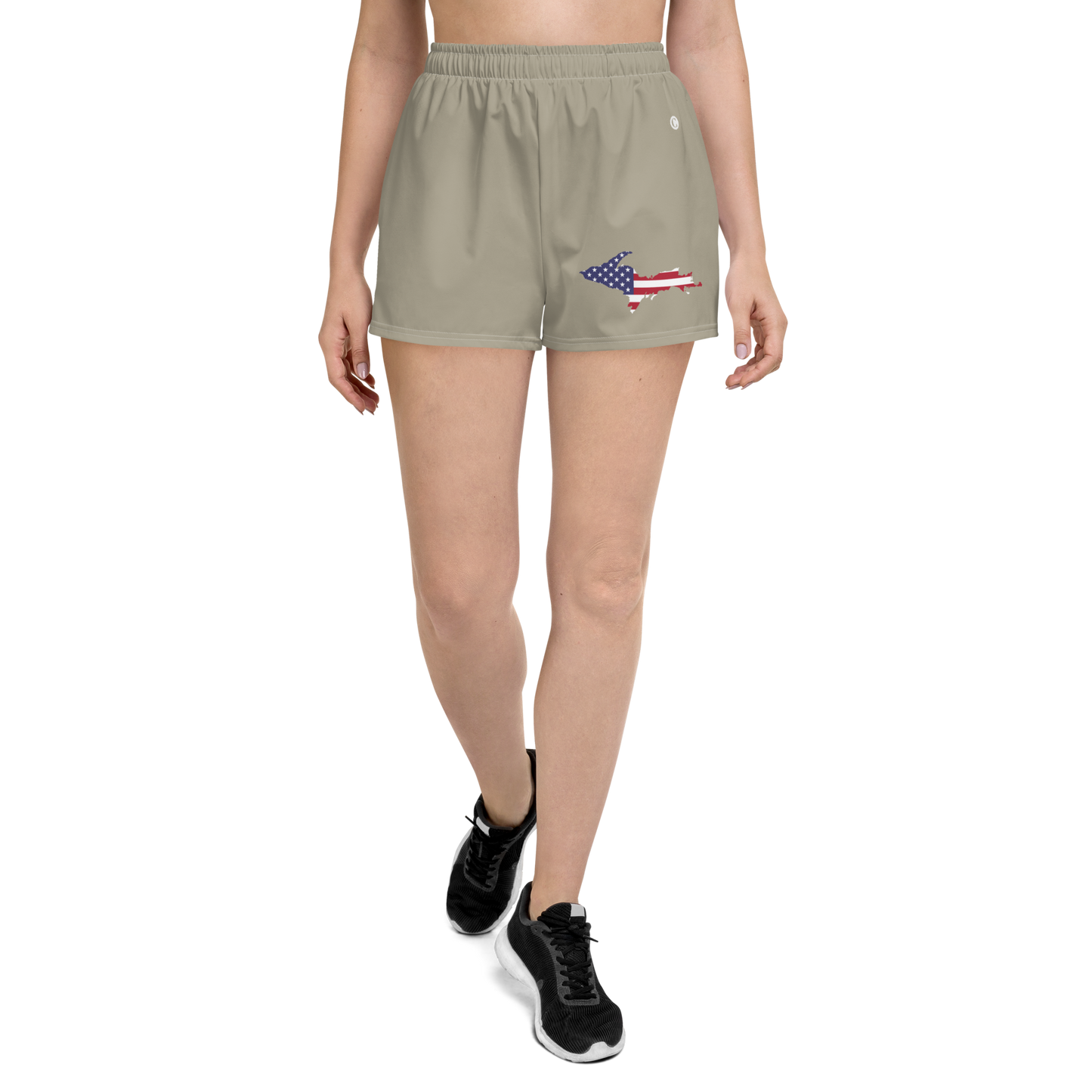 Michigan Upper Peninsula Athletic Shorts (w/ UP USA Flag Outline) | Women's - Petoskey Stone Beige