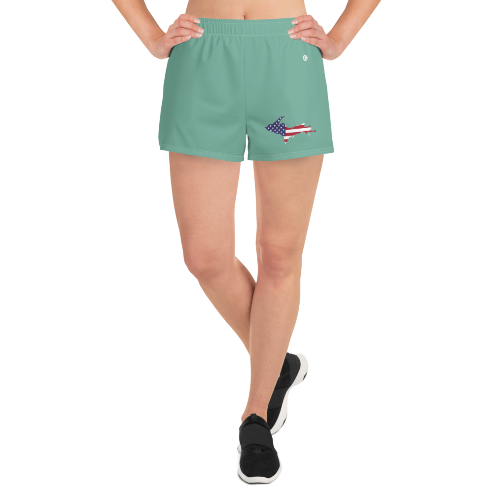 Michigan Upper Peninsula Athletic Shorts (w/ UP USA Flag Outline) | Women's - Metallic Mint Green