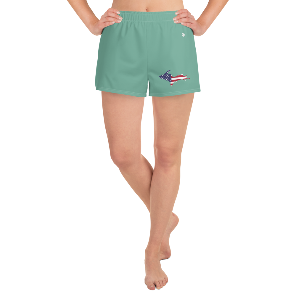 Michigan Upper Peninsula Athletic Shorts (w/ UP USA Flag Outline) | Women's - Metallic Mint Green