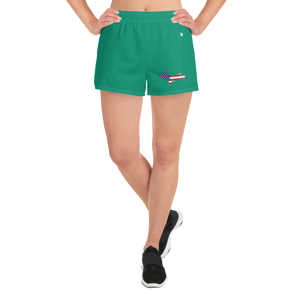 Michigan Upper Peninsula Athletic Shorts (w/ UP USA Flag Outline) | Women's - Emerald Green