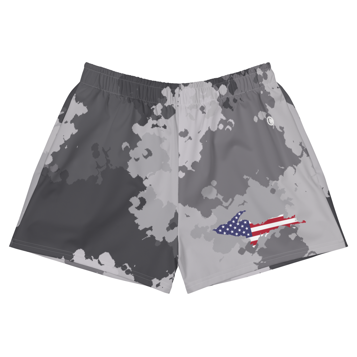 Michigan Upper Peninsula Athletic Shorts (w/ UP USA Flag) | Women's - Iron Ore Camo