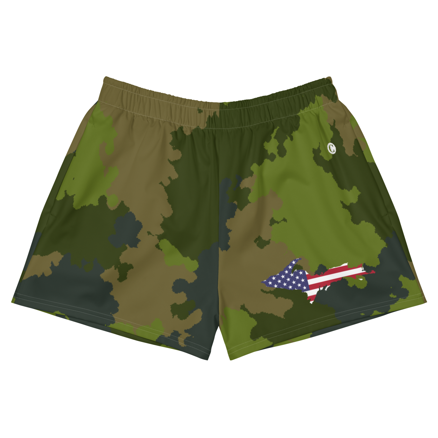 Michigan Upper Peninsula Athletic Shorts (w/ UP USA Flag) | Women's - Woodland Camo