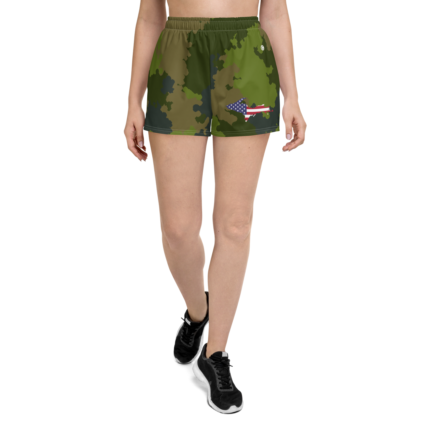 Michigan Upper Peninsula Athletic Shorts (w/ UP USA Flag) | Women's - Woodland Camo