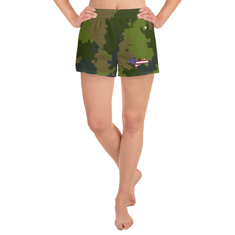 Michigan Upper Peninsula Athletic Shorts (w/ UP USA Flag) | Women's - Woodland Camo