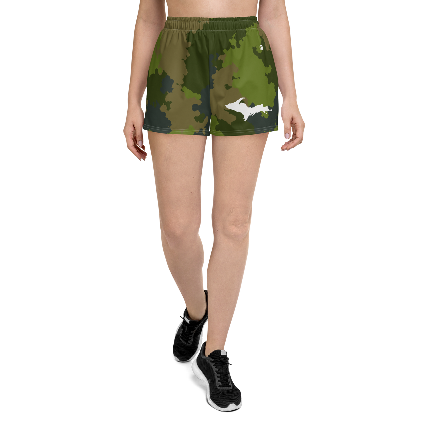 Michigan Upper Peninsula Athletic Shorts (w/ UP Outline) | Women's - Woodland Camo