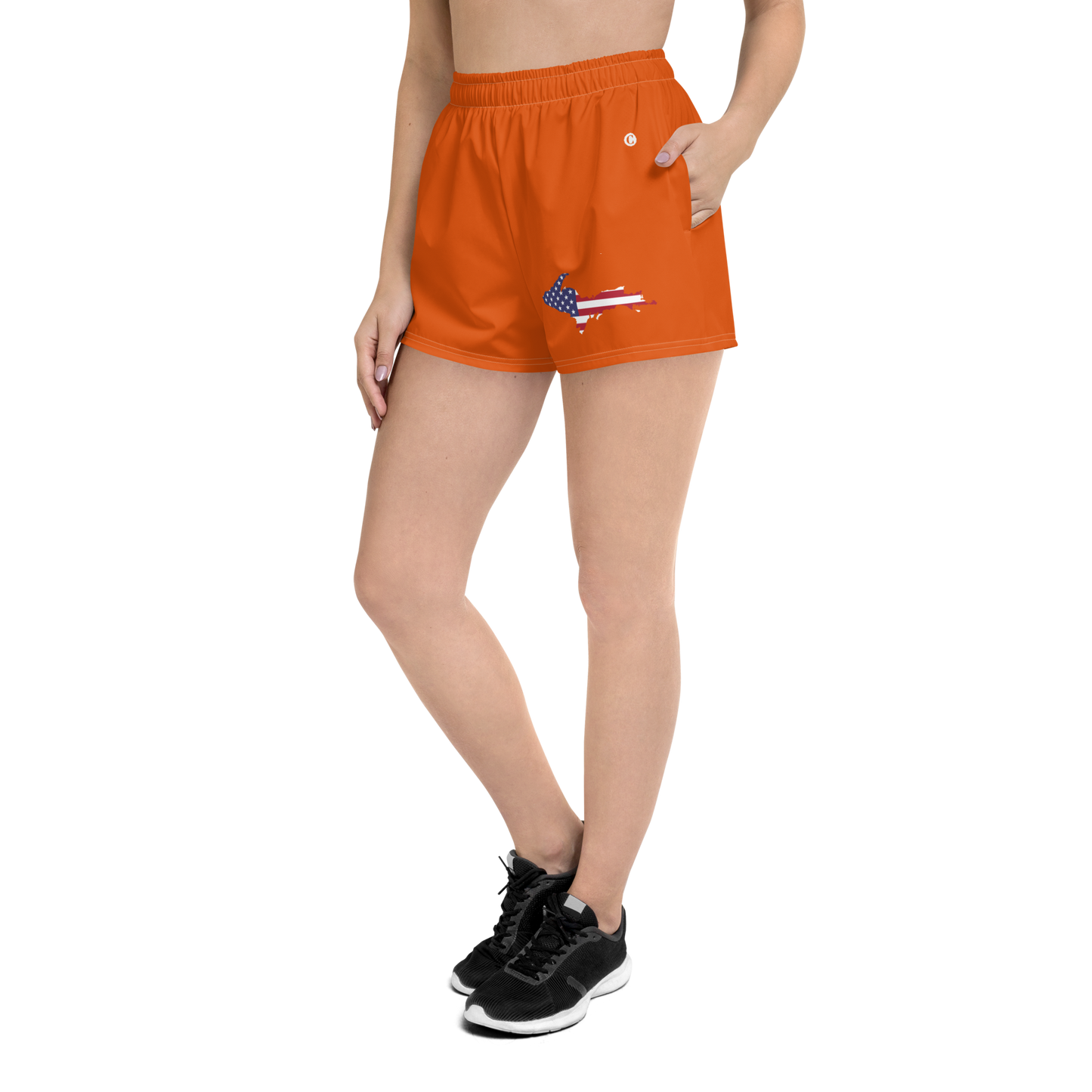 Michigan Upper Peninsula Athletic Shorts (w/ UP USA Flag Outline) | Women's - Maple Leaf Orange