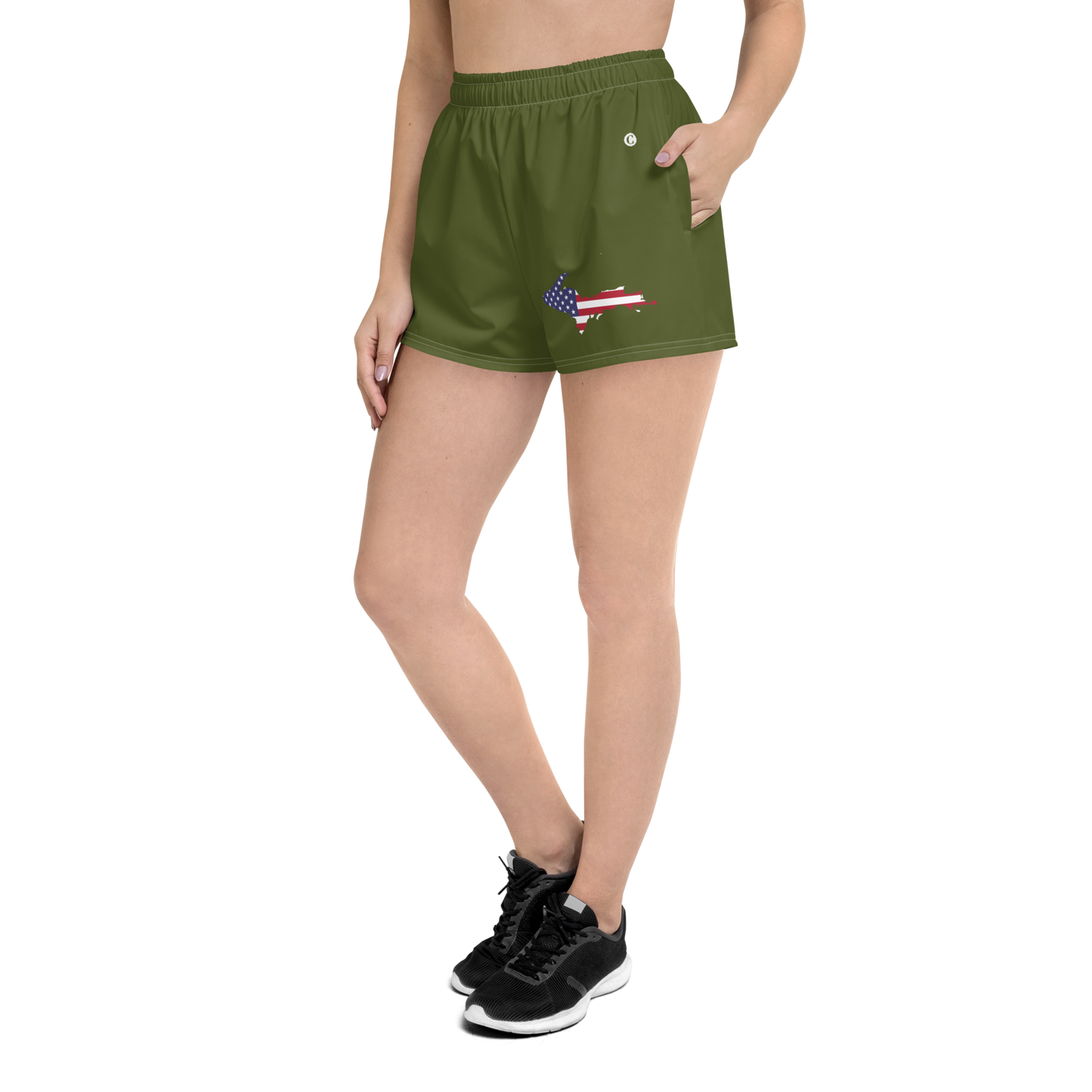 Michigan Upper Peninsula Athletic Shorts (w/ UP USA Flag Outline) | Women's - Army Green