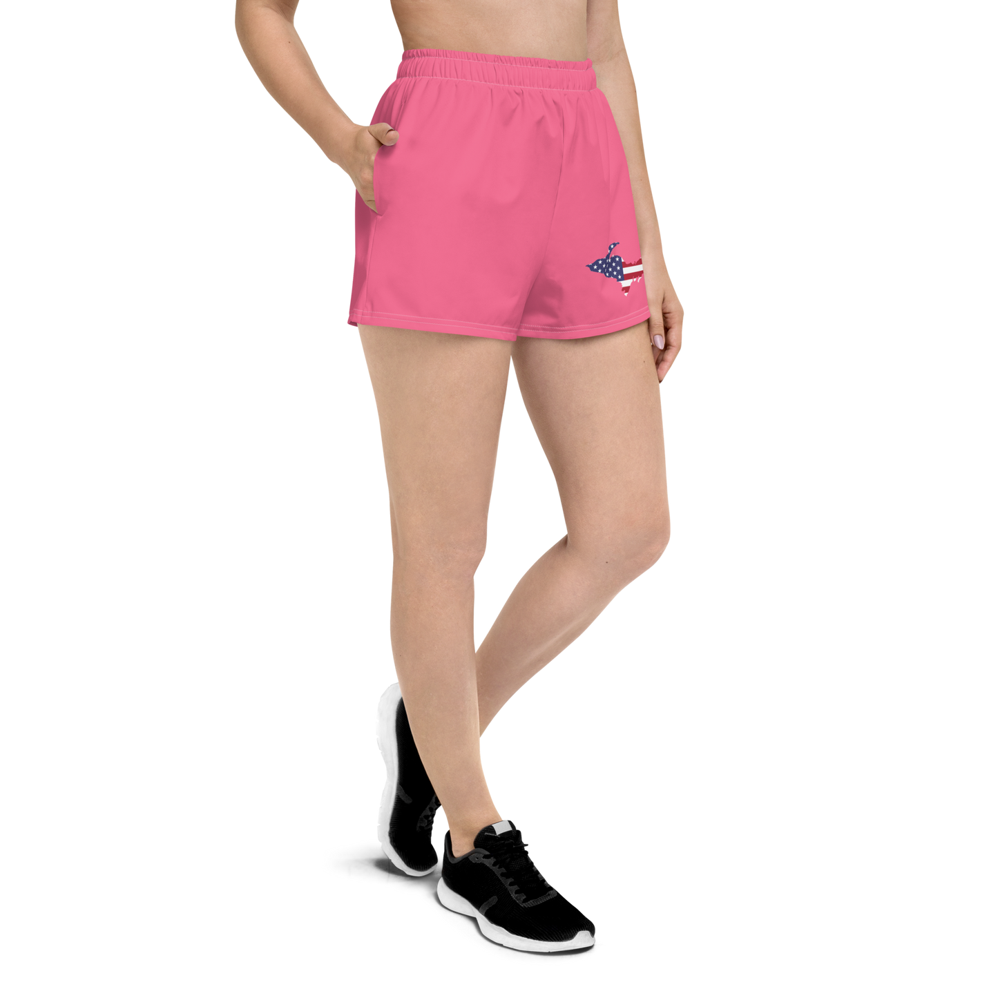Michigan Upper Peninsula Athletic Shorts (w/ UP USA Flag Outline) | Women's - Rhodochrosite Pink