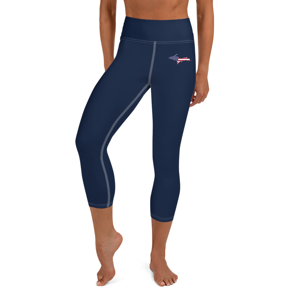 Michigan Upper Peninsula Yoga Capri Leggings (w/ UP USA Flag Outline) | Navy