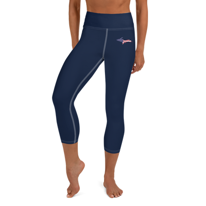 Michigan Upper Peninsula Yoga Capri Leggings (w/ UP USA Flag Outline) | Navy