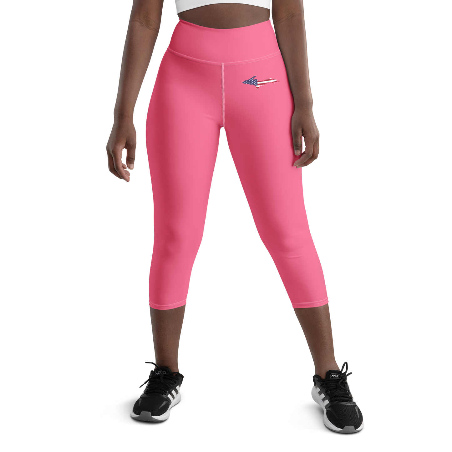 Michigan Upper Peninsula Yoga Capri Leggings (w/ UP USA Flag) | Rhodochrosite Pink