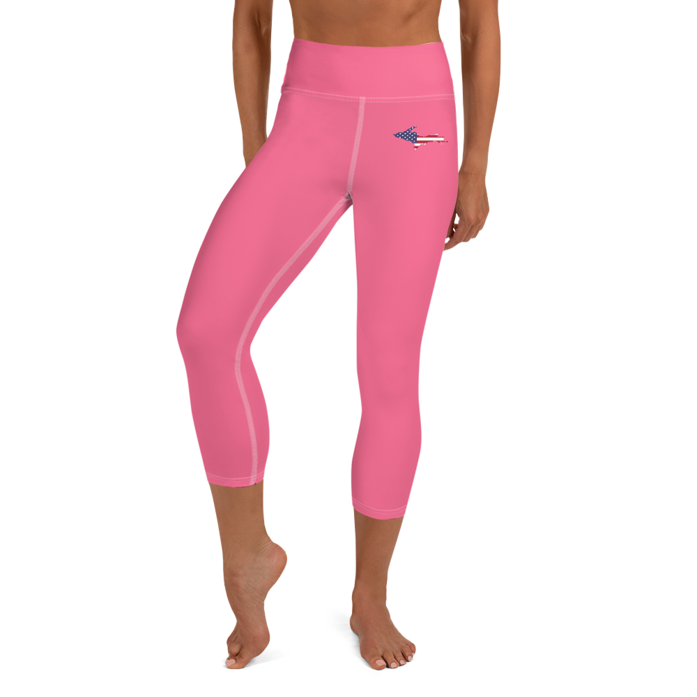 Michigan Upper Peninsula Yoga Capri Leggings (w/ UP USA Flag) | Rhodochrosite Pink