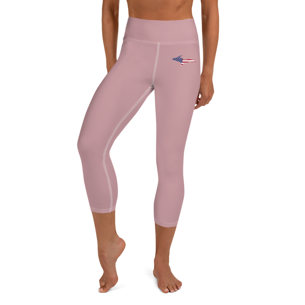 Michigan Upper Peninsula Yoga Capri Leggings (w/ UP USA Flag) | Cherry Blossom Pink