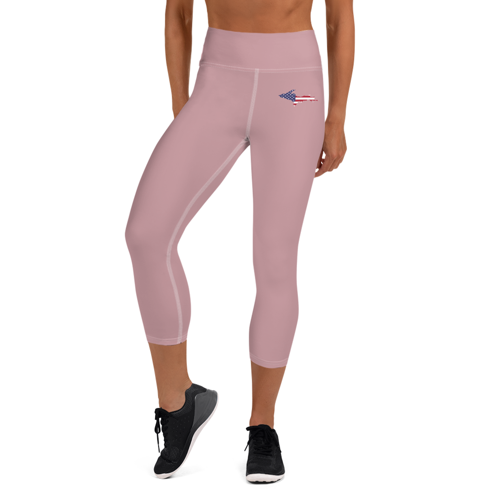 Michigan Upper Peninsula Yoga Capri Leggings (w/ UP USA Flag) | Cherry Blossom Pink