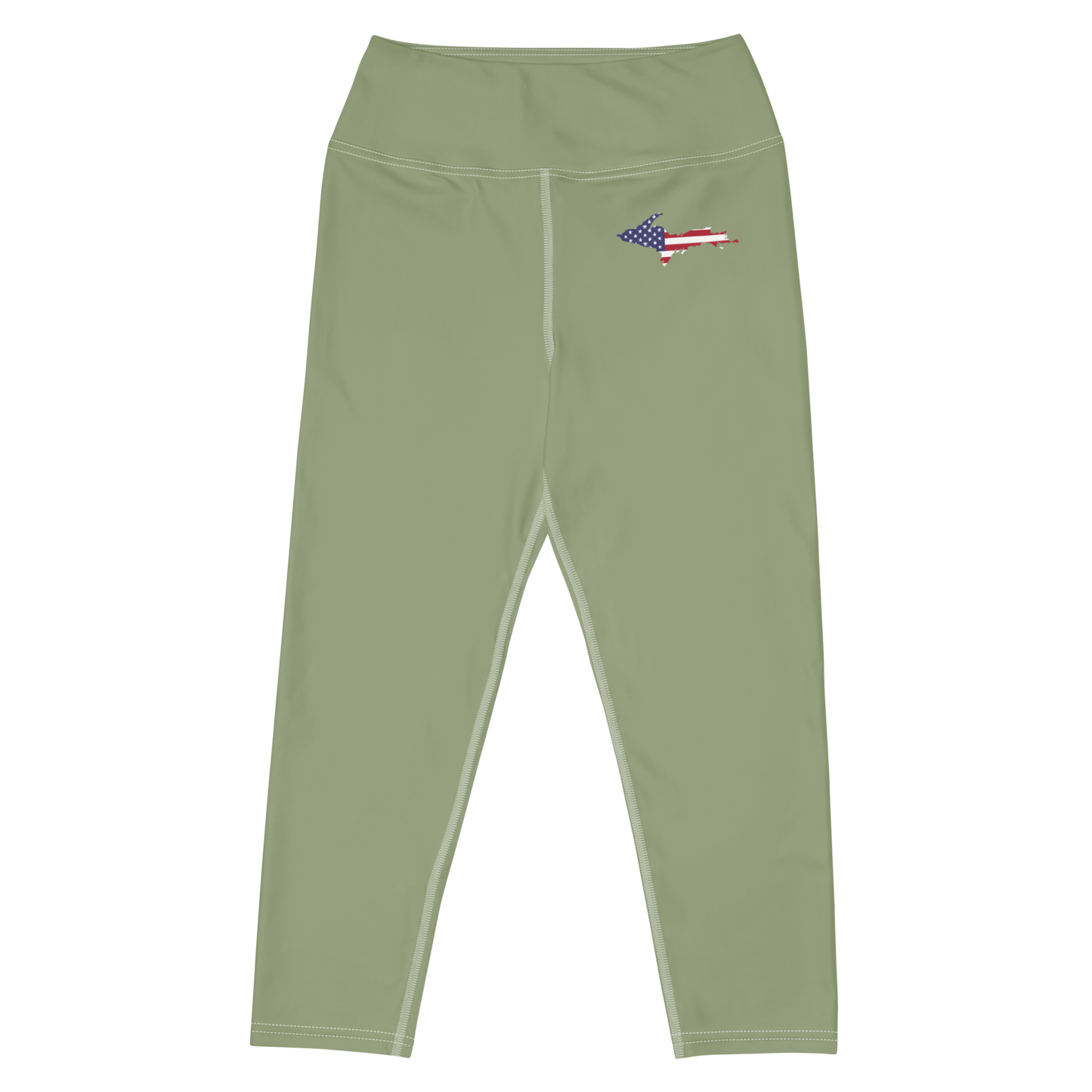 Michigan Upper Peninsula Yoga Capri Leggings (w/ UP USA Flag) | Beachgrass Green