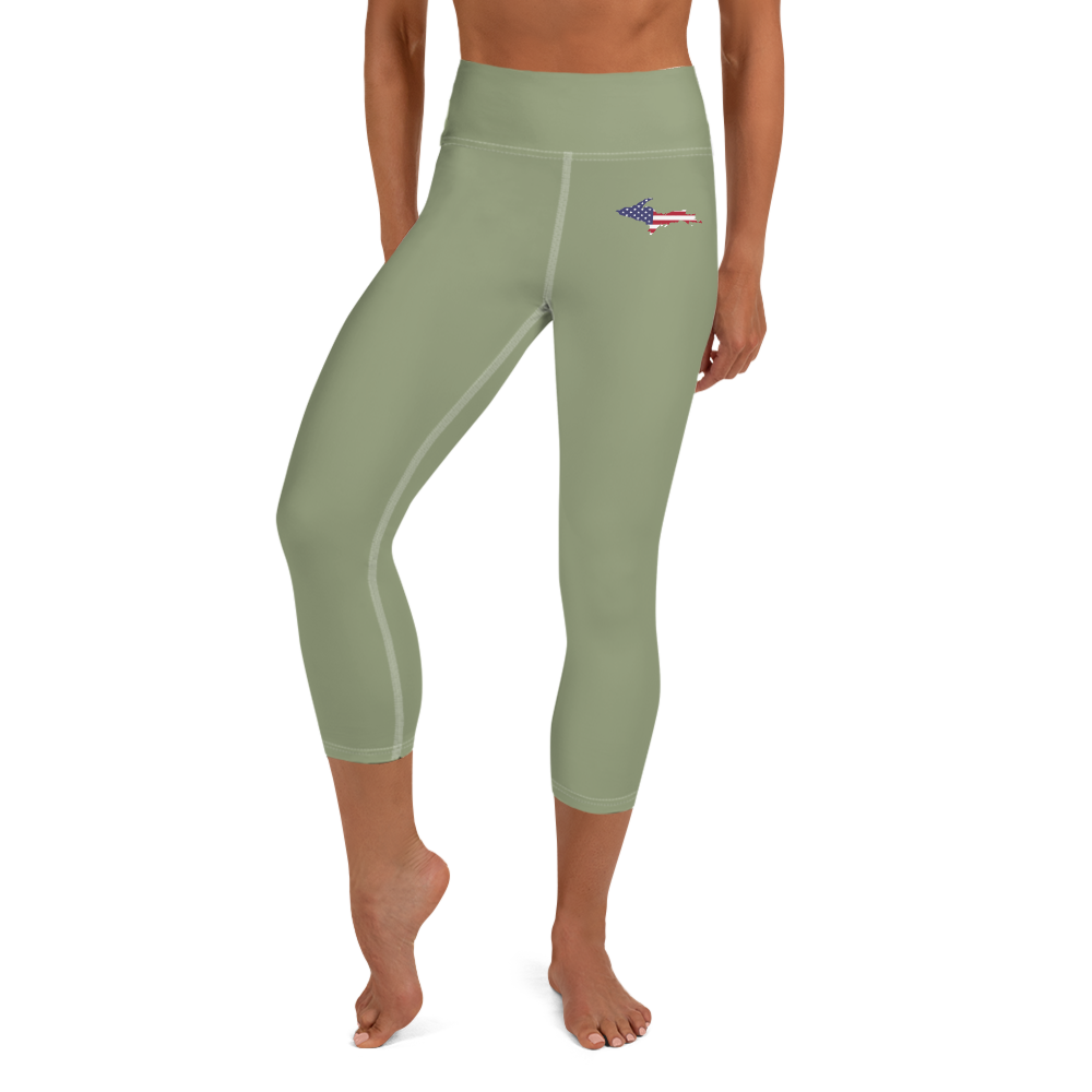 Michigan Upper Peninsula Yoga Capri Leggings (w/ UP USA Flag) | Beachgrass Green