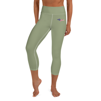 Michigan Upper Peninsula Yoga Capri Leggings (w/ UP USA Flag) | Beachgrass Green