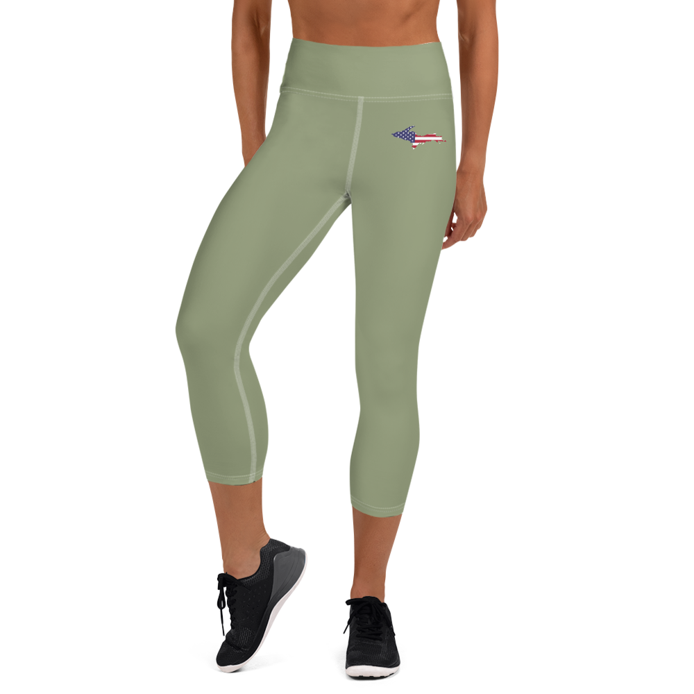 Michigan Upper Peninsula Yoga Capri Leggings (w/ UP USA Flag) | Beachgrass Green