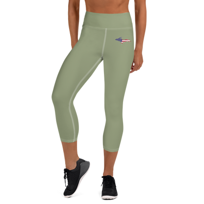 Michigan Upper Peninsula Yoga Capri Leggings (w/ UP USA Flag) | Beachgrass Green