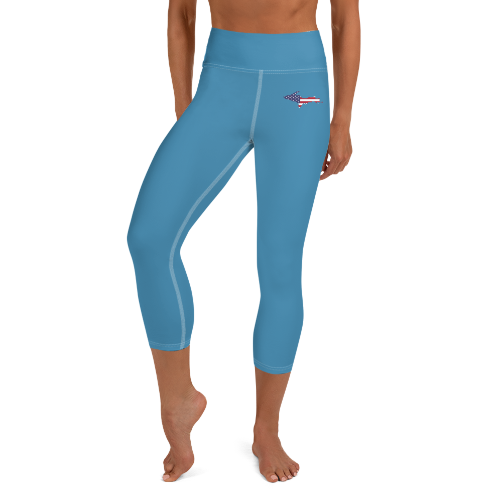 Michigan Upper Peninsula Yoga Capri Leggings (w/ UP USA Flag) | Lake Michigan Blue