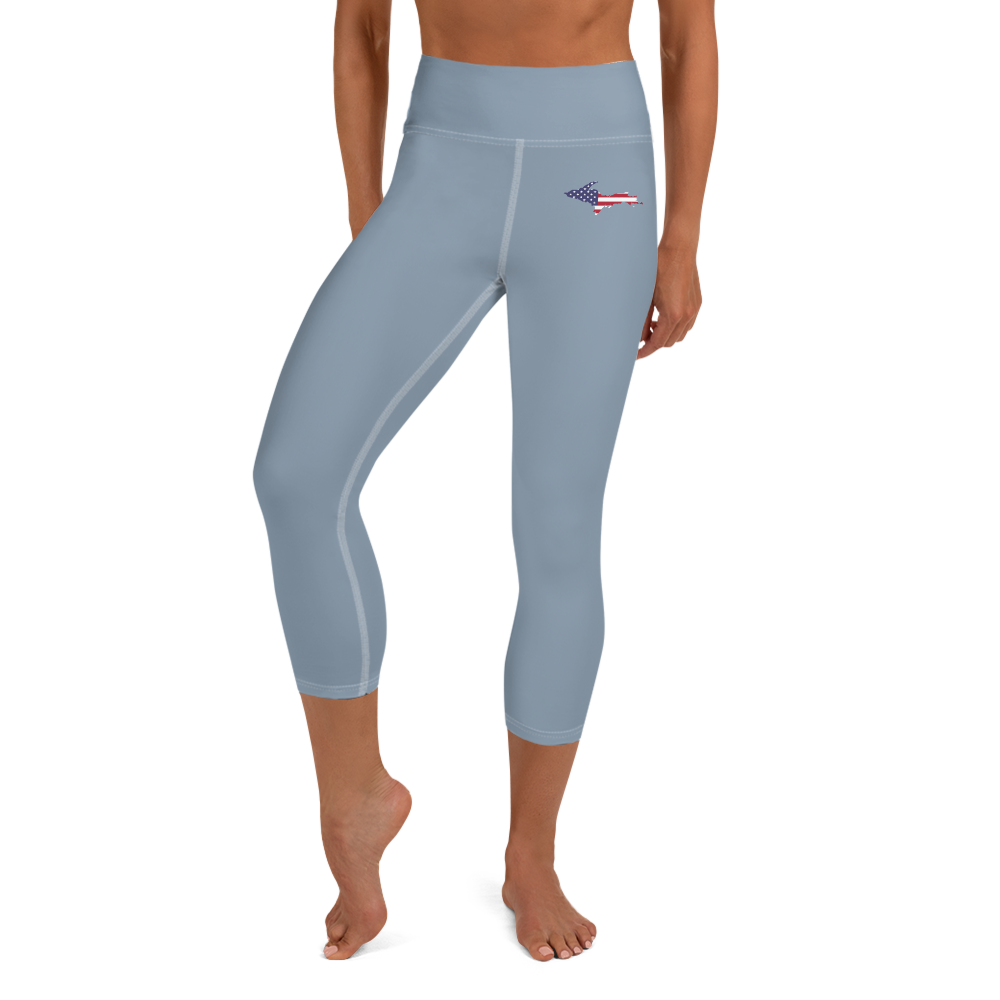 Michigan Upper Peninsula Yoga Capri Leggings (w/ UP USA Flag) | B-24 Grey