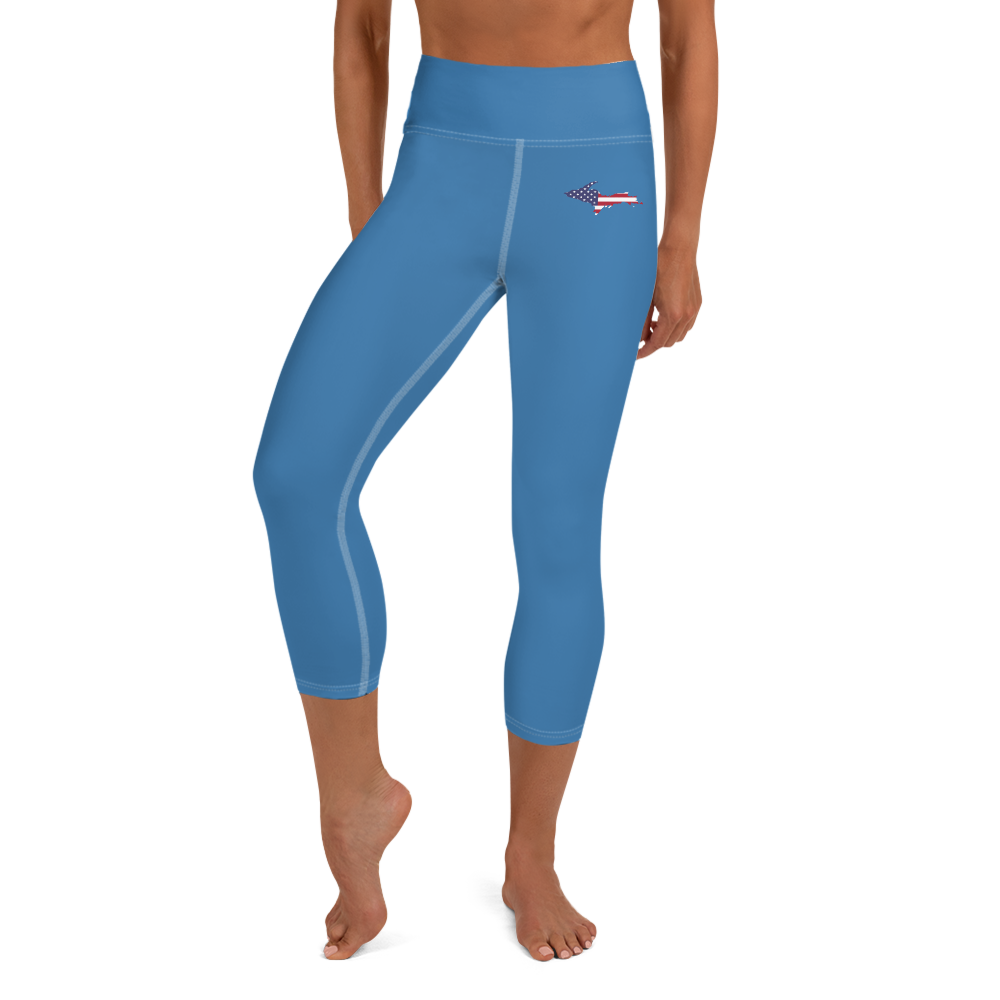 Michigan Upper Peninsula Yoga Capri Leggings (w/ UP USA Flag) | Lake Superior Blue