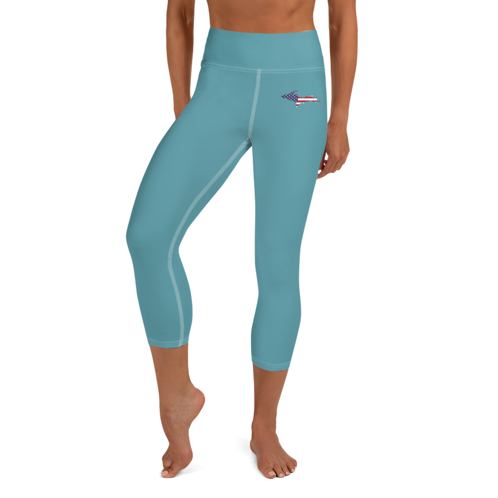 Michigan Upper Peninsula Yoga Capri Leggings (w/ UP USA Flag) | Lake Huron Blue