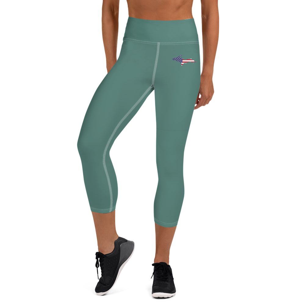 Michigan Upper Peninsula Yoga Capri Leggings (w/ UP USA Flag) | Copper Green