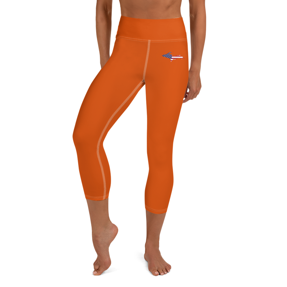 Michigan Upper Peninsula Yoga Capri Leggings (w/ UP USA Flag) | Maple Leaf Orange