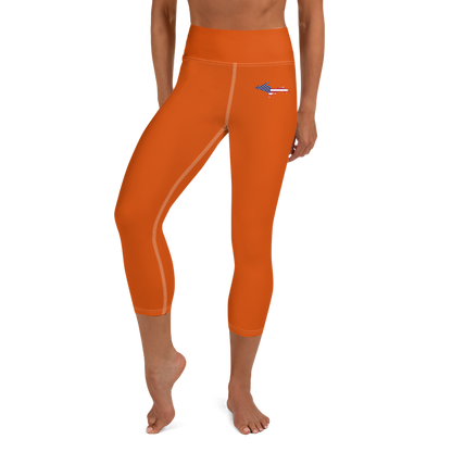 Michigan Upper Peninsula Yoga Capri Leggings (w/ UP USA Flag) | Maple Leaf Orange