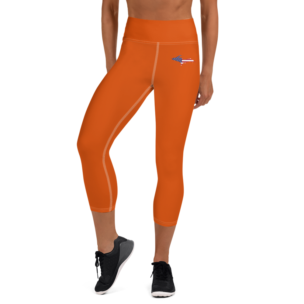 Michigan Upper Peninsula Yoga Capri Leggings (w/ UP USA Flag) | Maple Leaf Orange