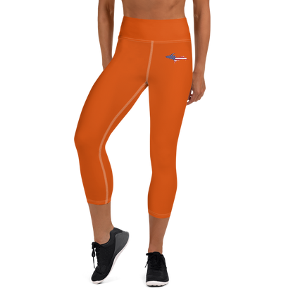 Michigan Upper Peninsula Yoga Capri Leggings (w/ UP USA Flag) | Maple Leaf Orange