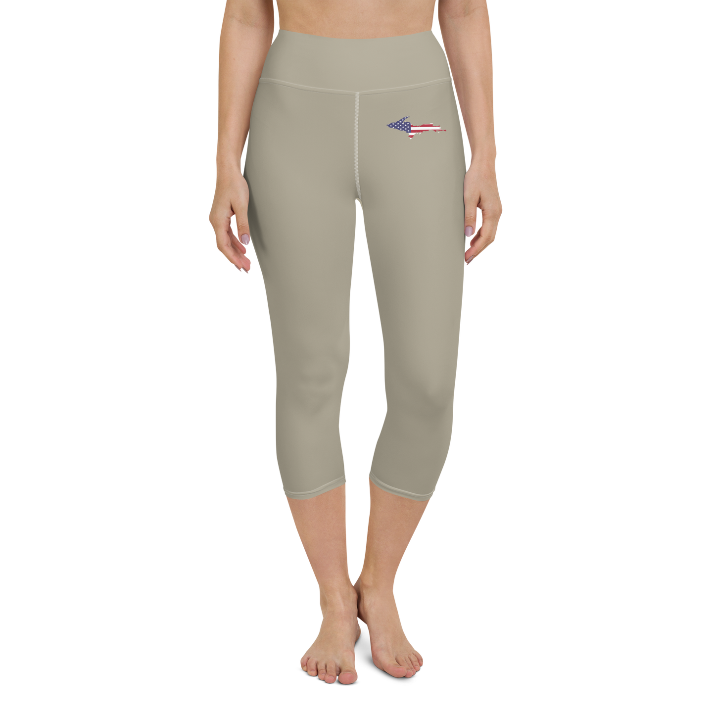 Michigan Upper Peninsula Yoga Capri Leggings (w/ UP USA Flag) | Petoskey Stone Beige