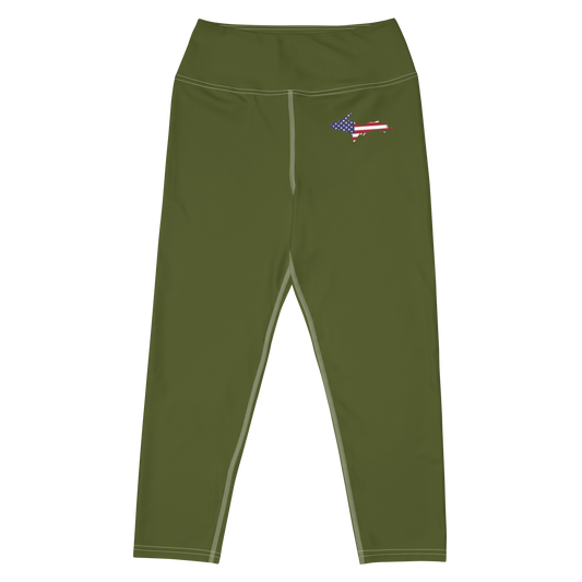 Michigan Upper Peninsula Yoga Capri Leggings (w/ UP USA Flag) | Army Green