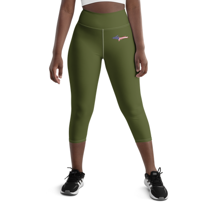 Michigan Upper Peninsula Yoga Capri Leggings (w/ UP USA Flag) | Army Green