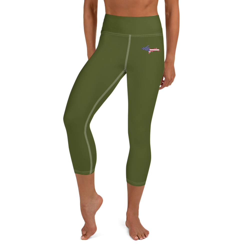 Michigan Upper Peninsula Yoga Capri Leggings (w/ UP USA Flag) | Army Green