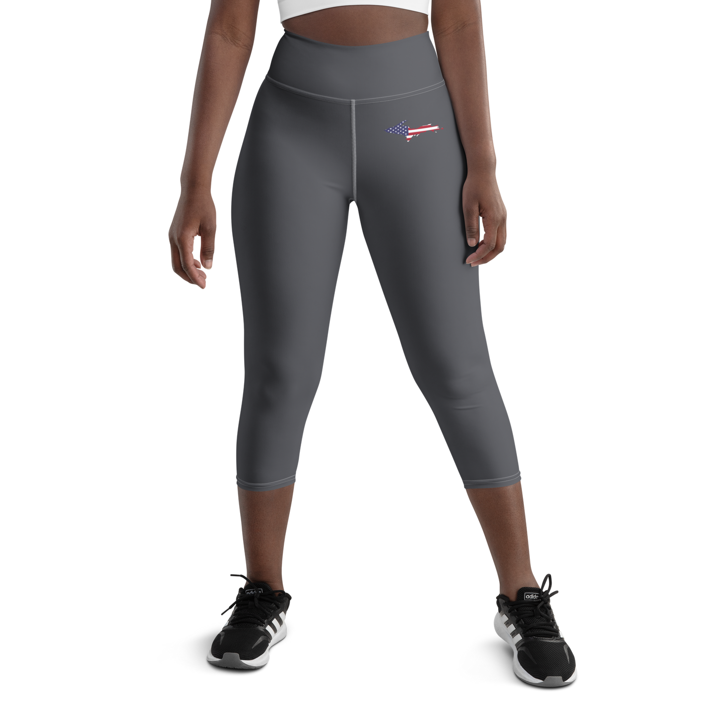 Michigan Upper Peninsula Yoga Capri Leggings (w/ UP USA Flag) | Iron Ore Grey