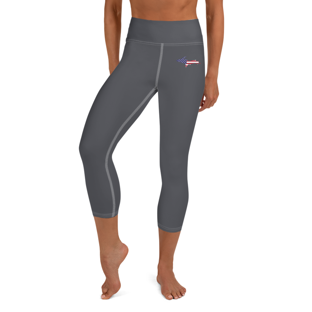 Michigan Upper Peninsula Yoga Capri Leggings (w/ UP USA Flag) | Iron Ore Grey