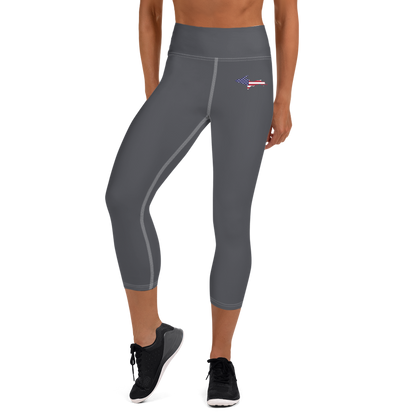 Michigan Upper Peninsula Yoga Capri Leggings (w/ UP USA Flag) | Iron Ore Grey