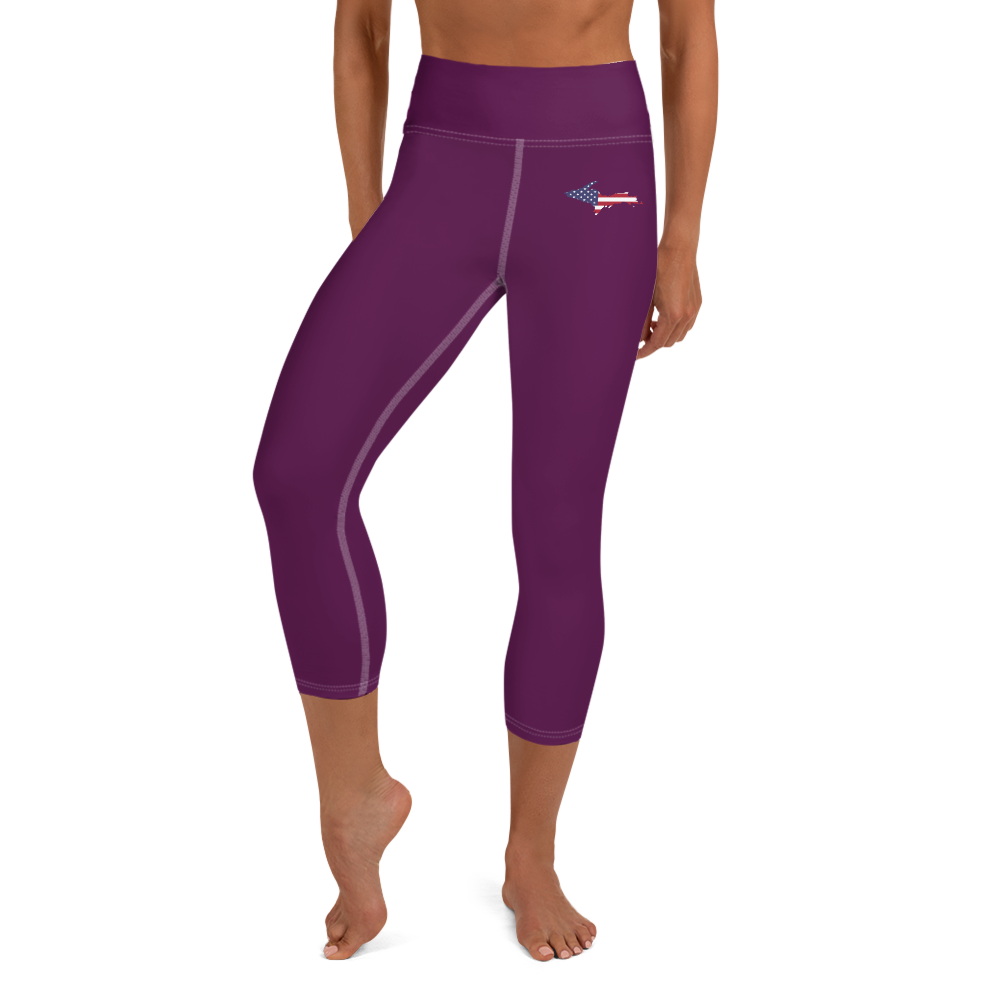 Michigan Upper Peninsula Yoga Capri Leggings (w/ UP USA Flag) | Tyrian Purple