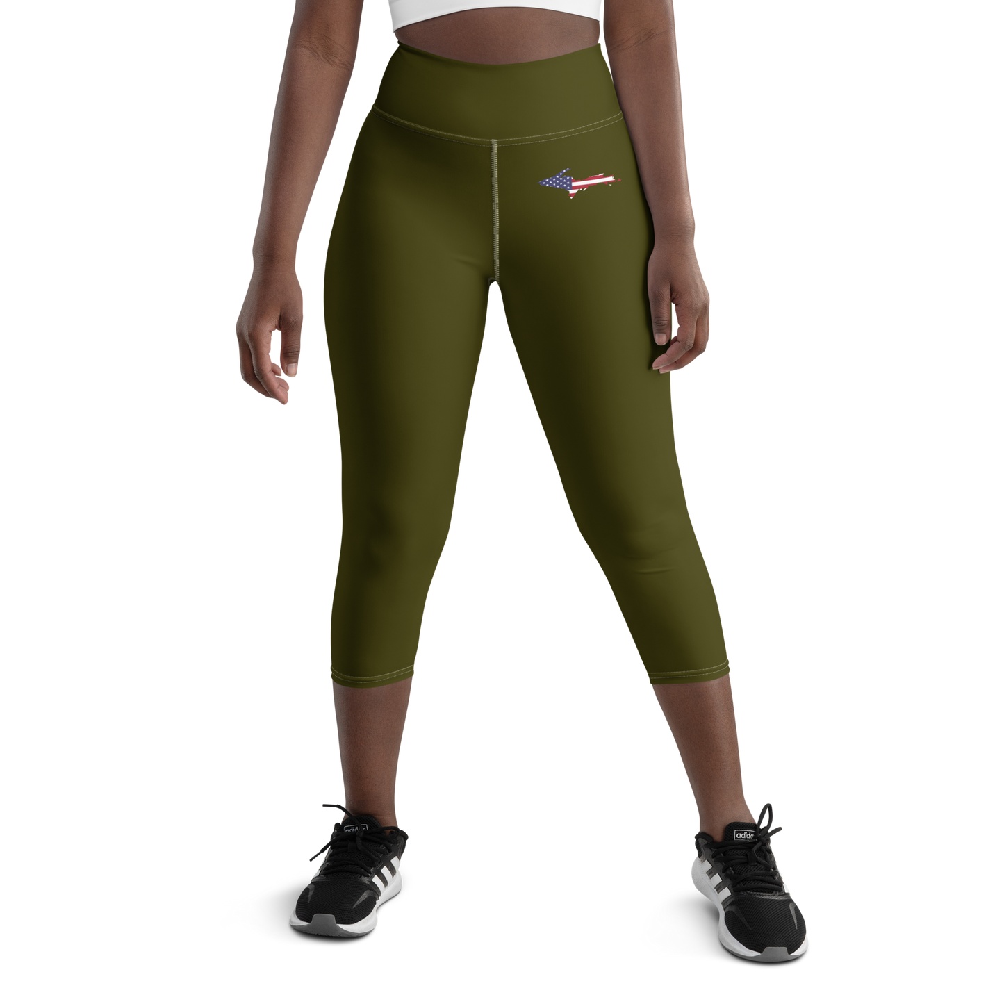 Michigan Upper Peninsula Yoga Capri Leggings (w/ UP USA Flag) | Military Green