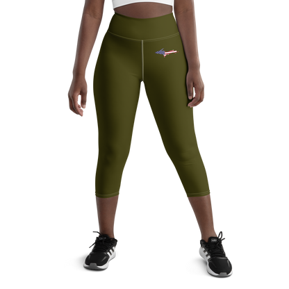 Michigan Upper Peninsula Yoga Capri Leggings (w/ UP USA Flag) | Military Green